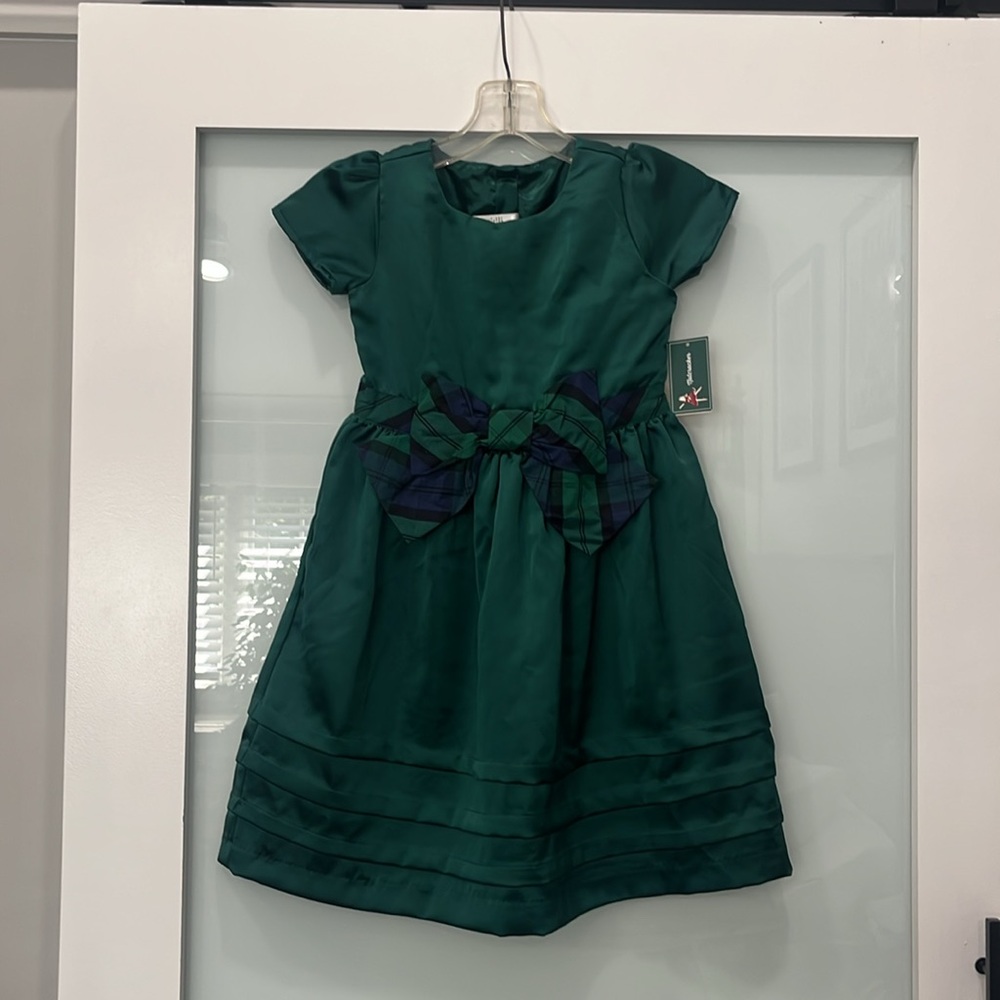 Gymboree Emerald Green Silky Dress with Plaid Accent Bow, Size 7
